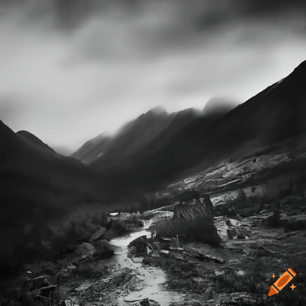 black and white photo of a mountain landscape