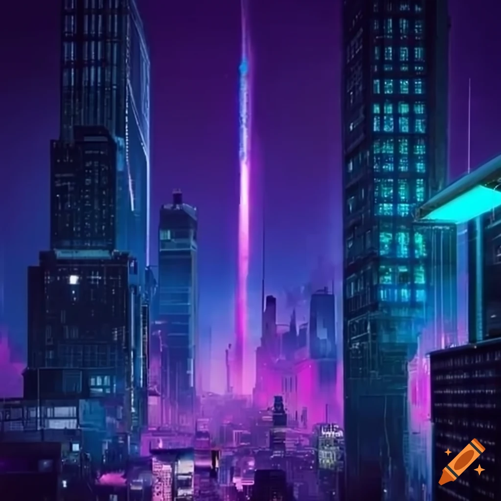 cyberpunk cityscape with skyscrapers and flying vehicles