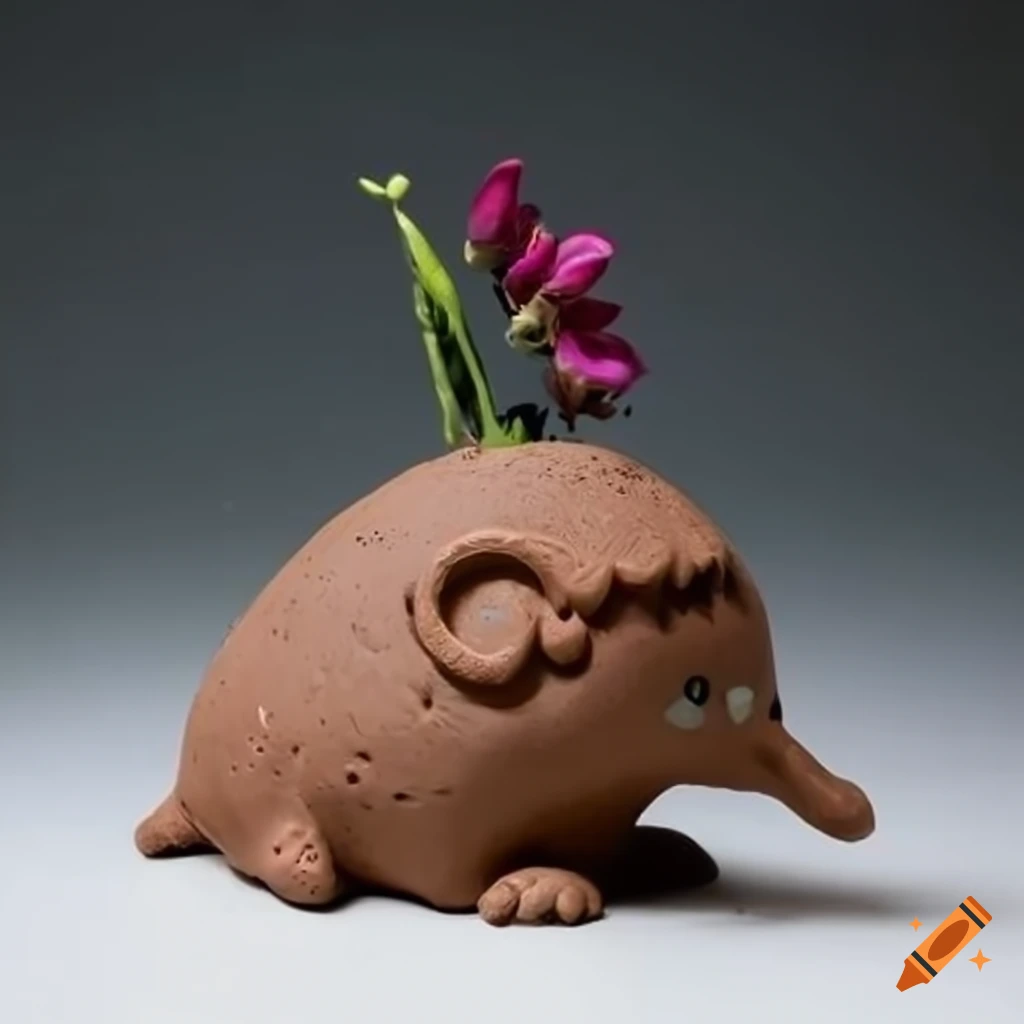 vase sculpture of an echidna with foxglove flowers as spikes