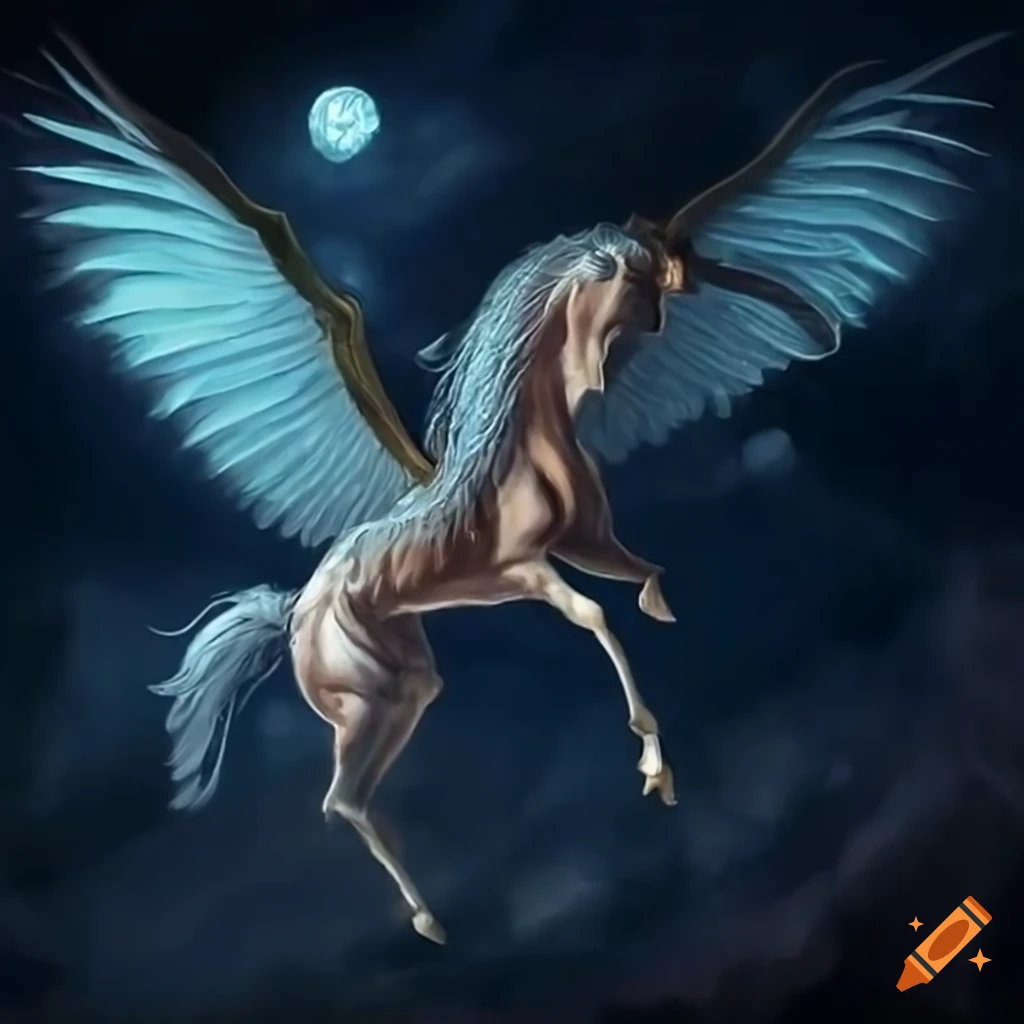 artistic depiction of a sorcerer riding a winged horse