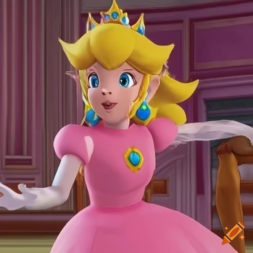 Link in princess peach's pink ballgown dancing in a grand manor on Craiyon