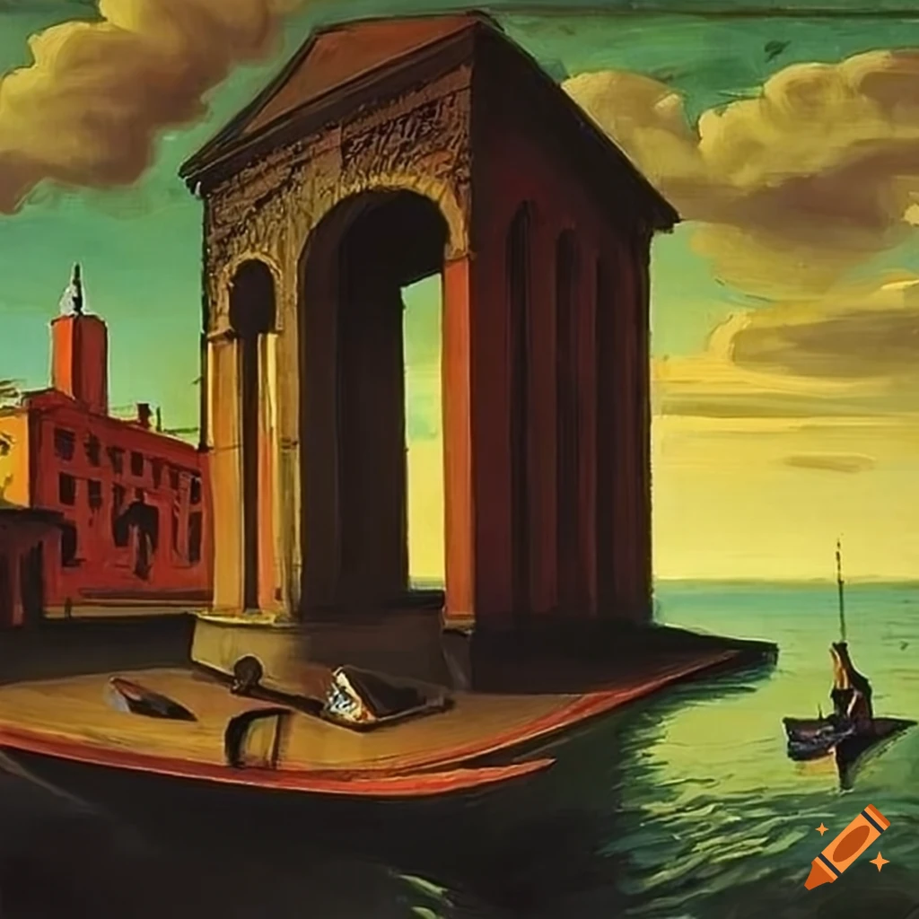 artwork of river punting under a bridge
