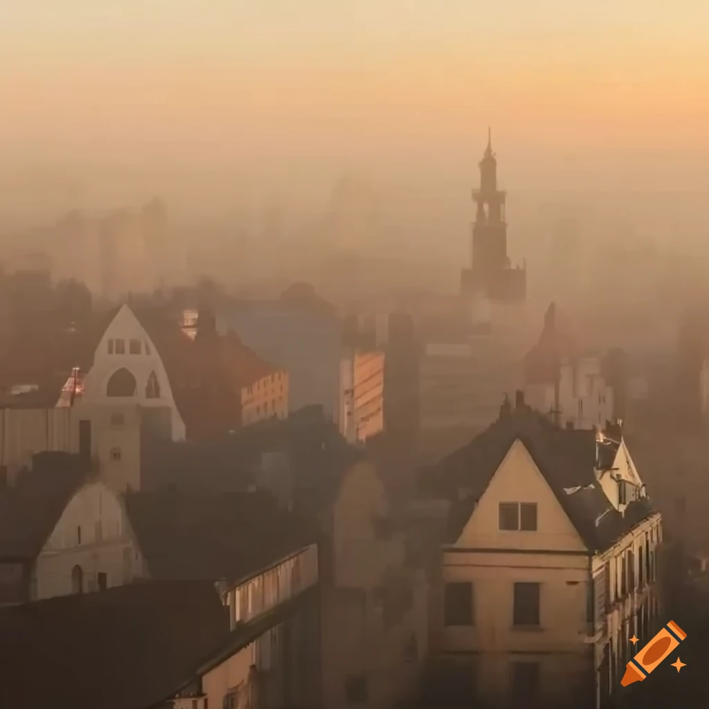 ethereal cityscape with people walking in the mist