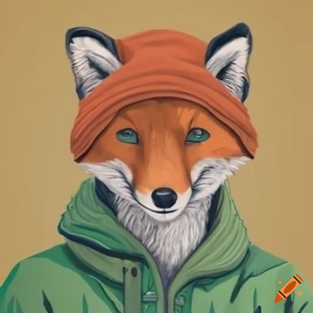 fox wearing a beanie and jacket in a grayish forest