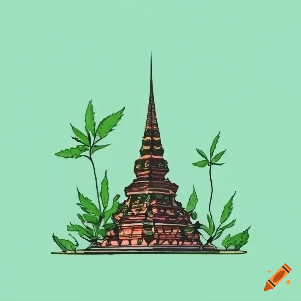 graphic drawing of a Thai temple with unique architectural design