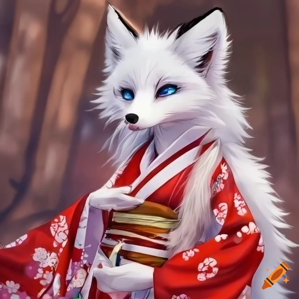 white fox in a red kimono with blue eyes