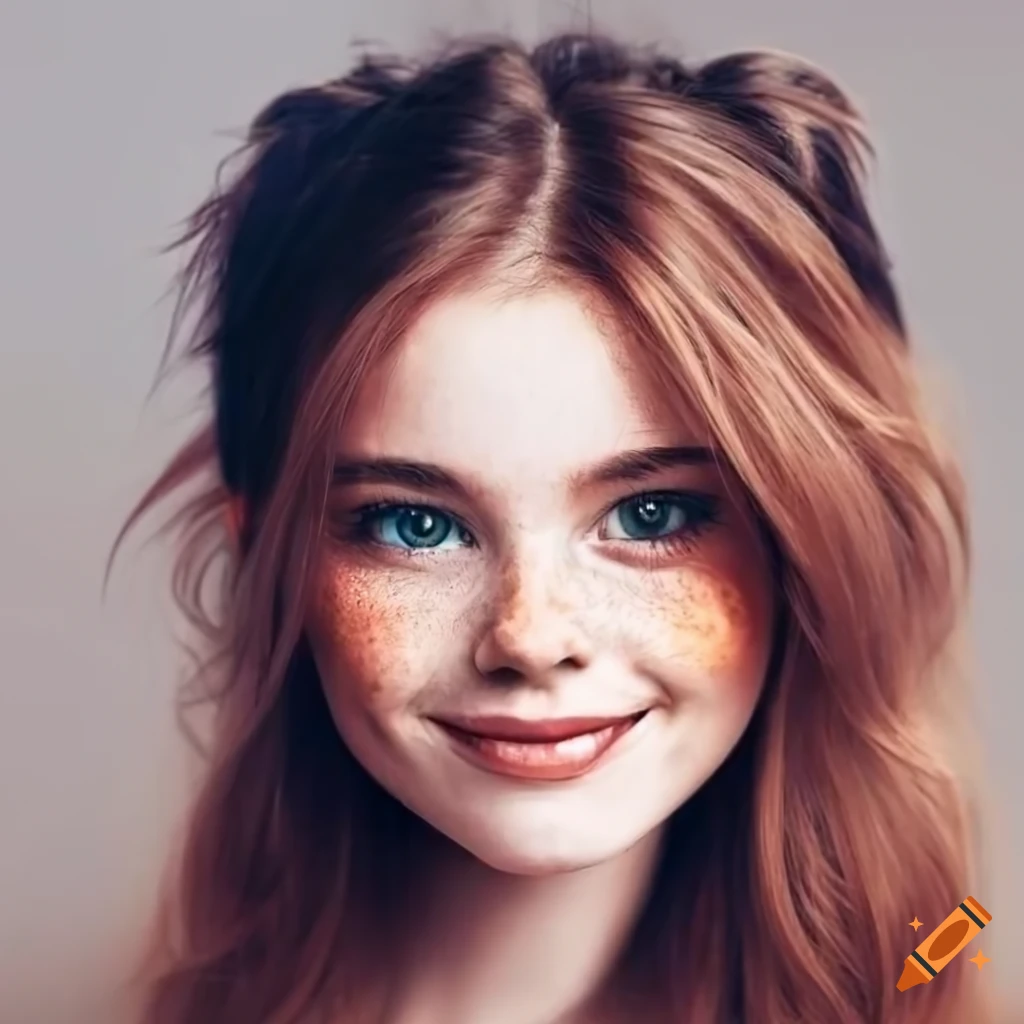 Portrait of a pretty young woman with freckles and brown hair on Craiyon