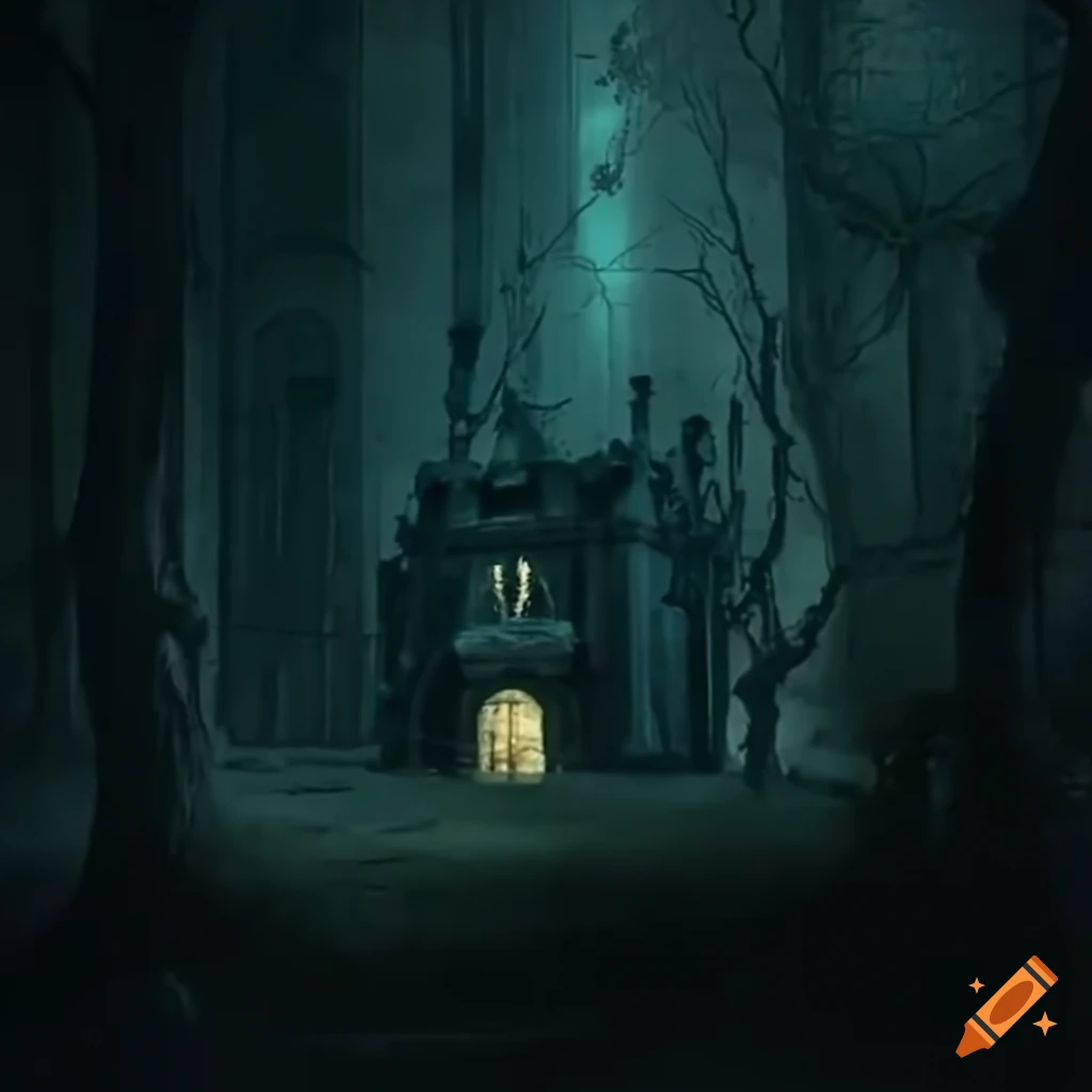haunted mansion scene with thorny vines
