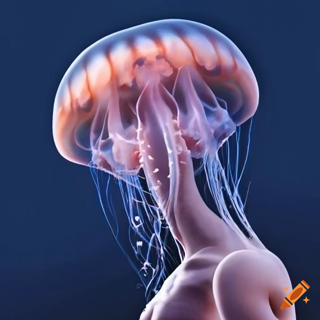 realistic depiction of a man with a jellyfish tail