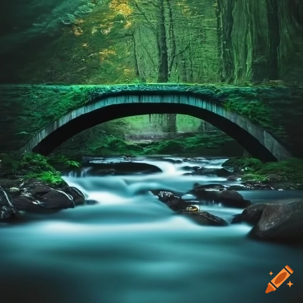 Bridge over a fast-flowing river in a green forest