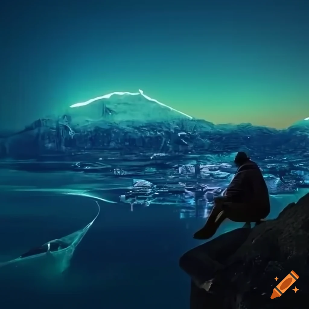 man overlooking futuristic purple cities from icy fjord cliffs