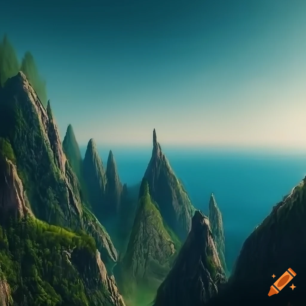 Photorealistic fantasy landscape from mountaintop on Craiyon