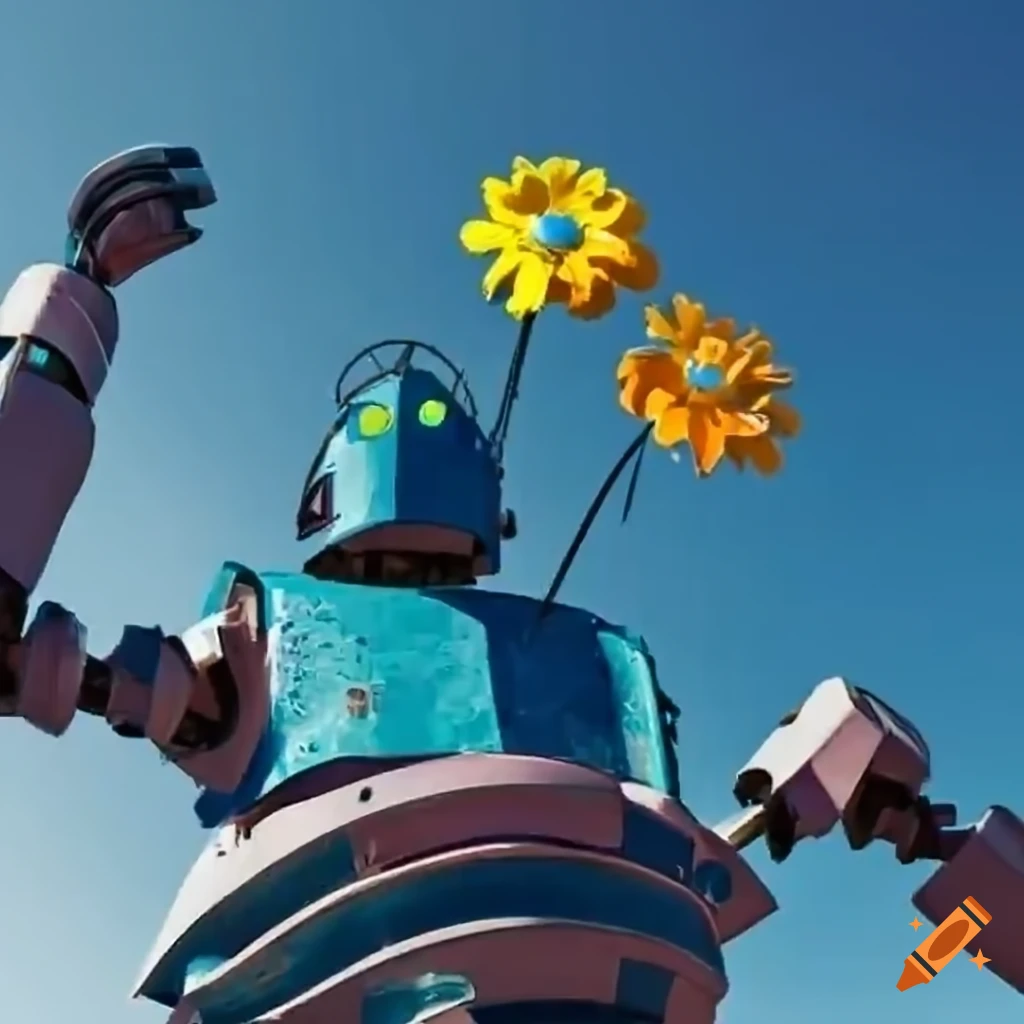 Iron giant robot with flower crown and blue lens eyes