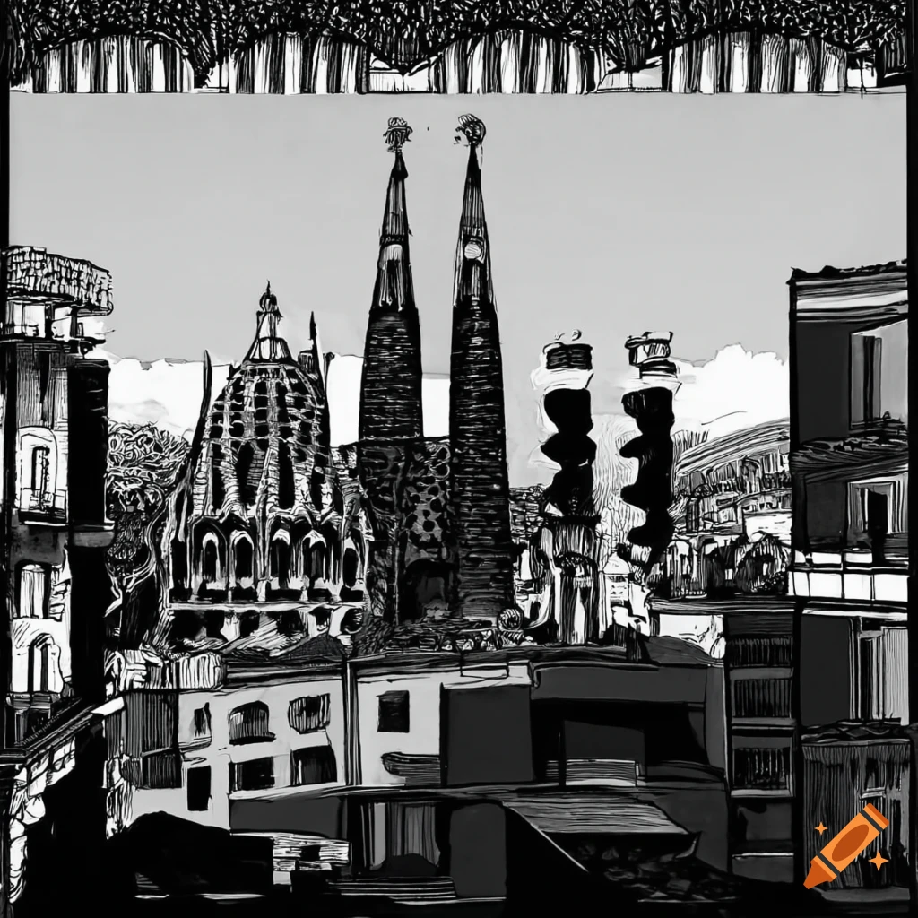Black and white barcelona skyline with sagrada familia