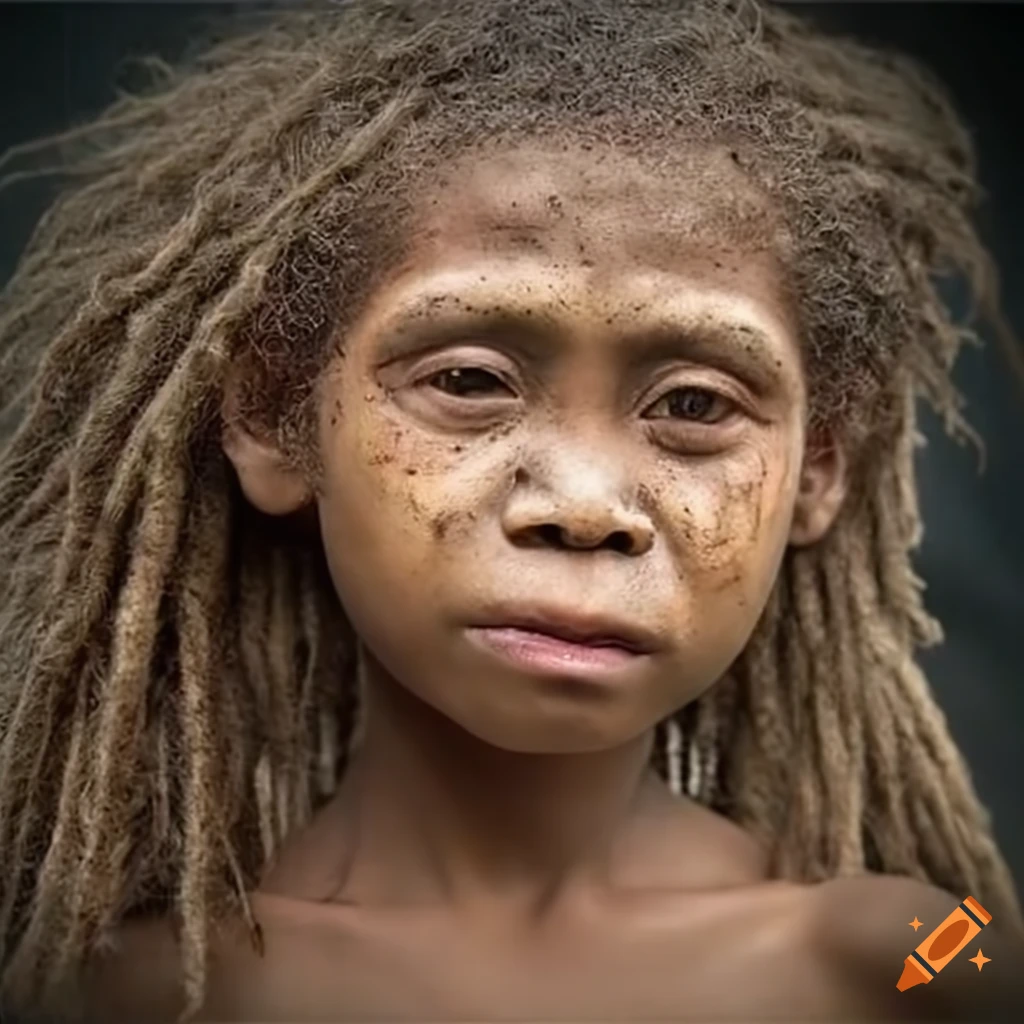 portrait of a prehistoric child with long hair