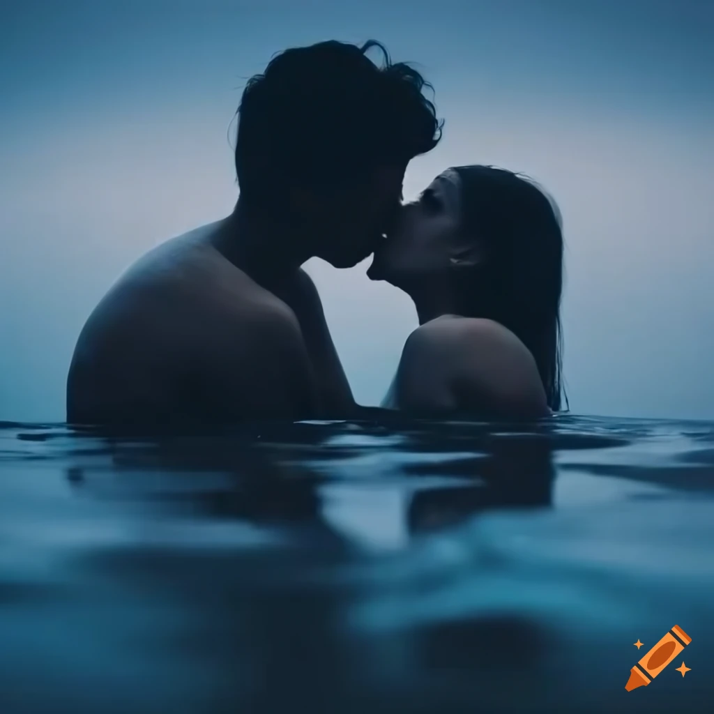 couple kissing in water at sunset