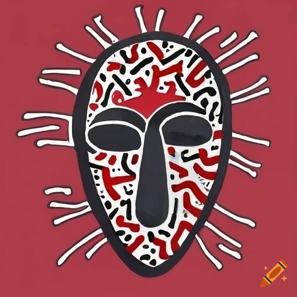 red and white African mask with Keith Haring style