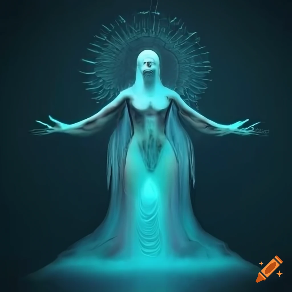 Digital art of a majestic and mysterious figure with glowing eyes and