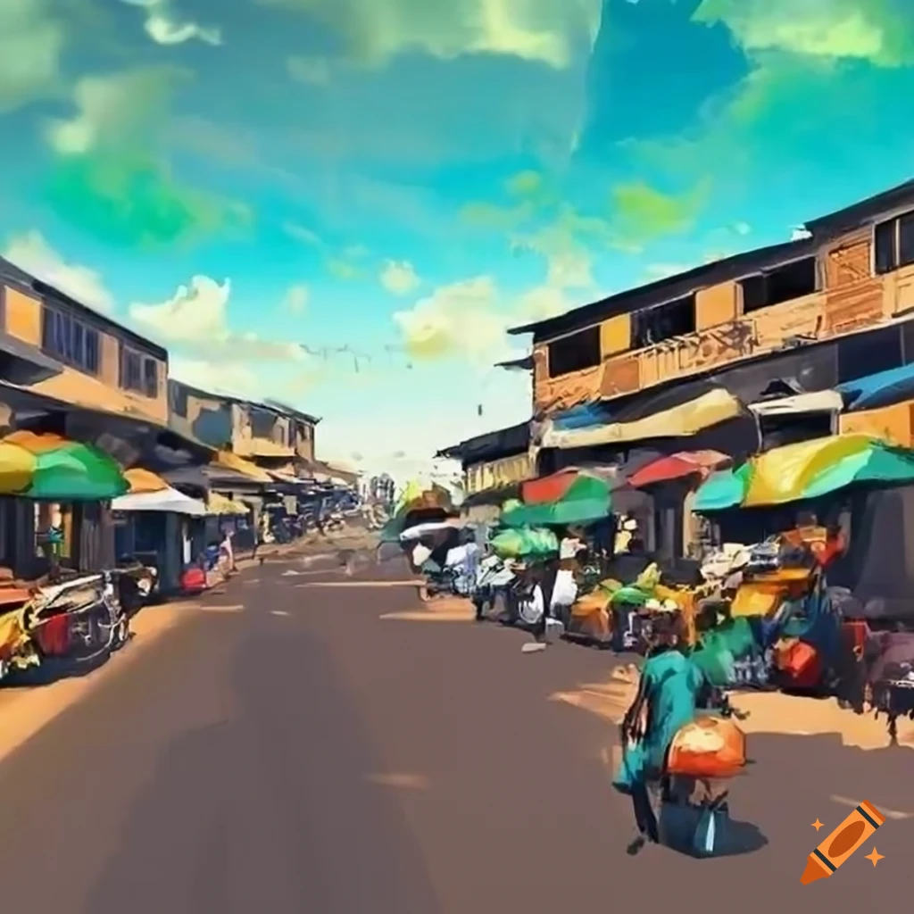 A picture of a village market bustling with activity, showcasing