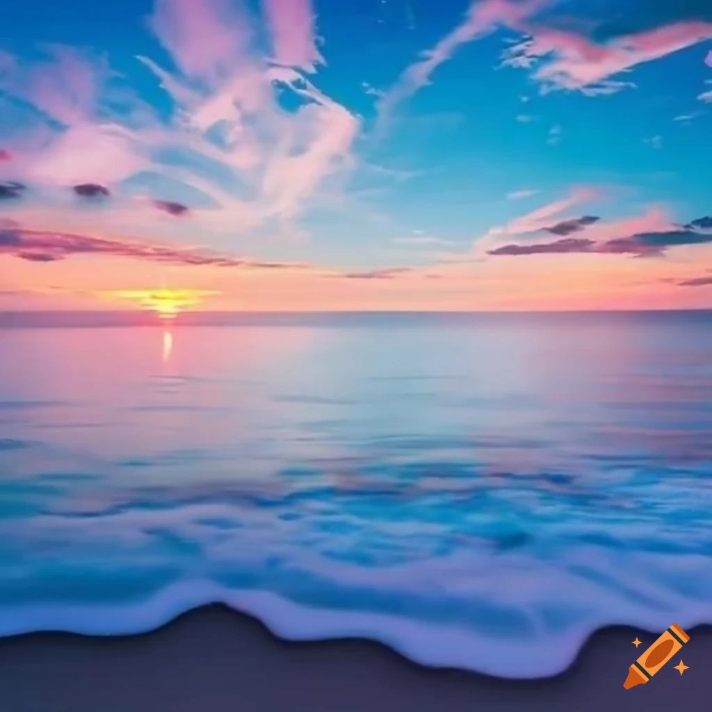 anime beach background with sunset and fluffy clouds