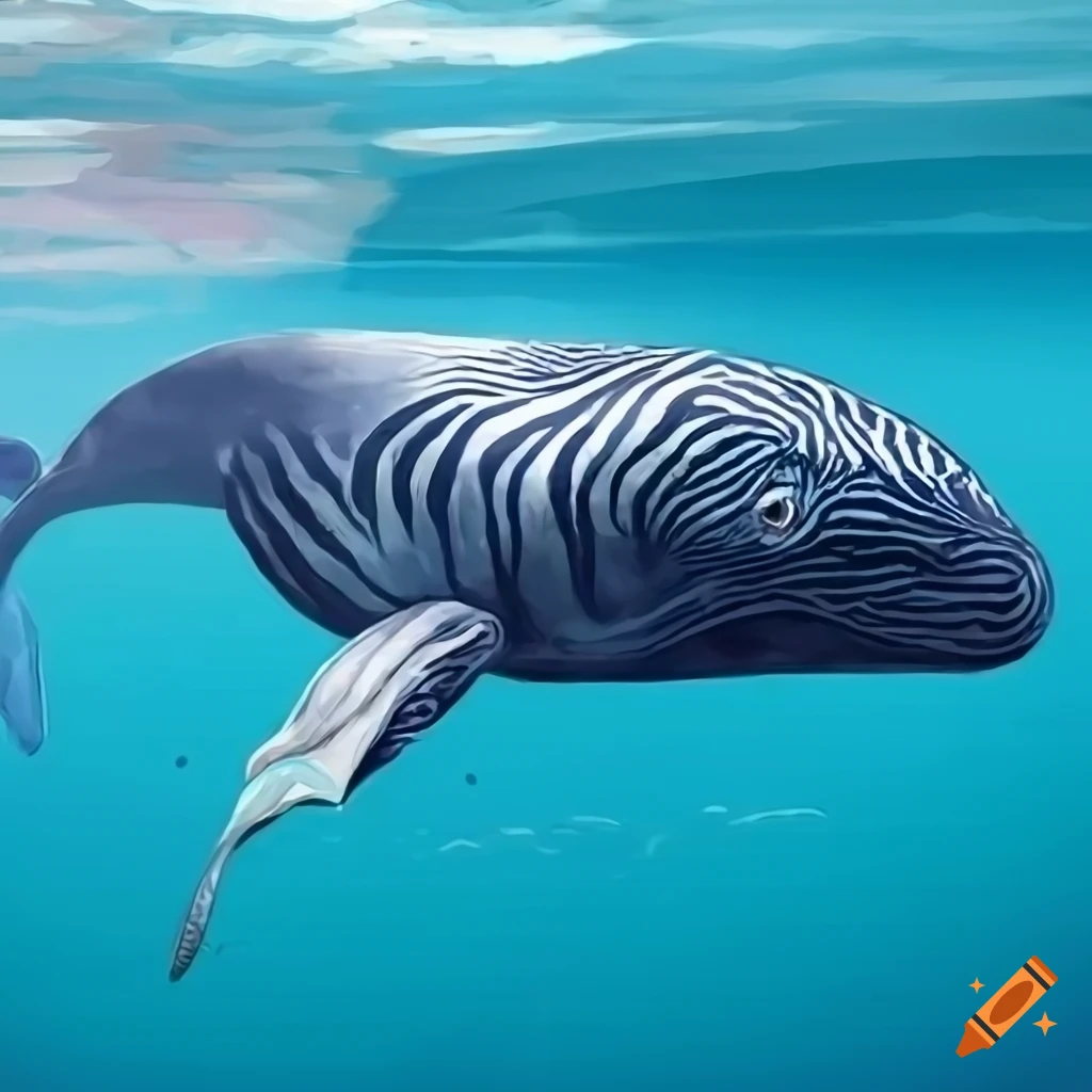 Illustration of zara, the zebrastriped whale in the ocean on Craiyon