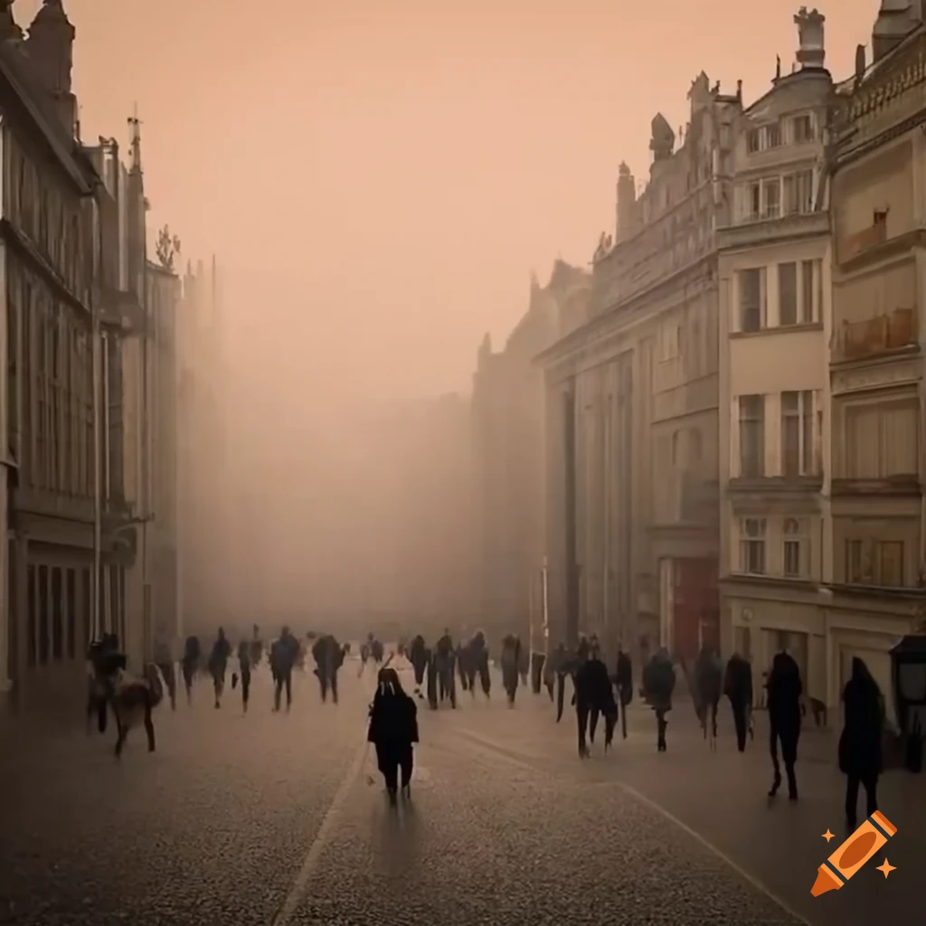 ethereal European streetscape in mist