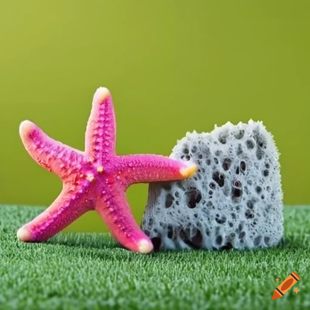 Starfish and yellow sponge on artificial turf lawn