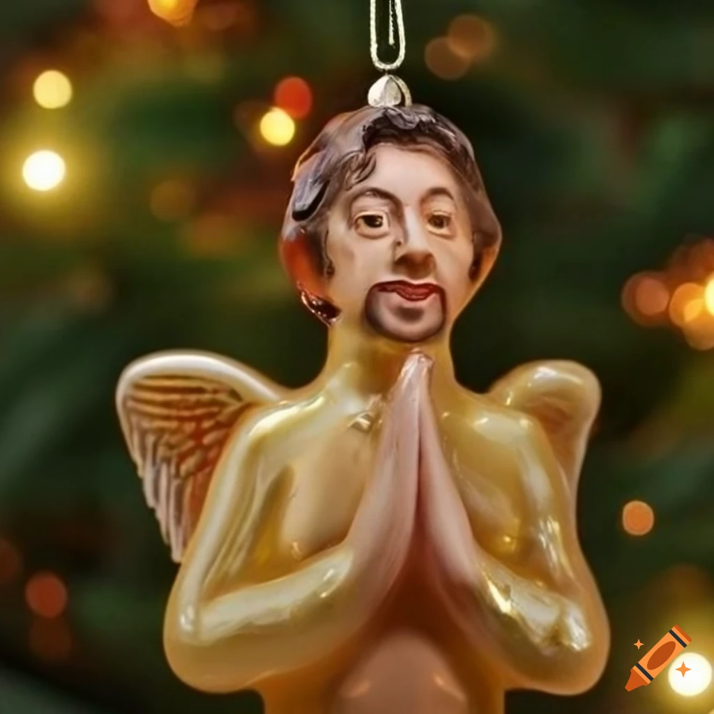 blown glass Christmas ornament of Serge Gainsbourg as an angel