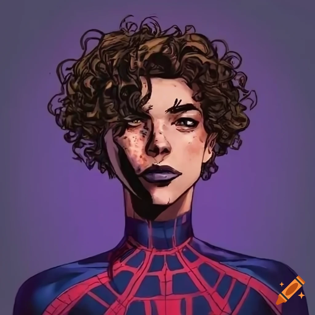 Spidersona of a curly haired boy, a black and blue spider suit but