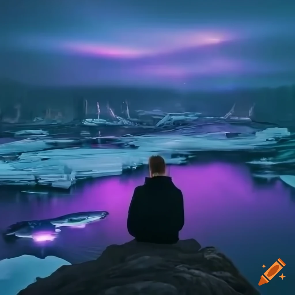 man overlooking futuristic purple cities from icy fjord cliffs