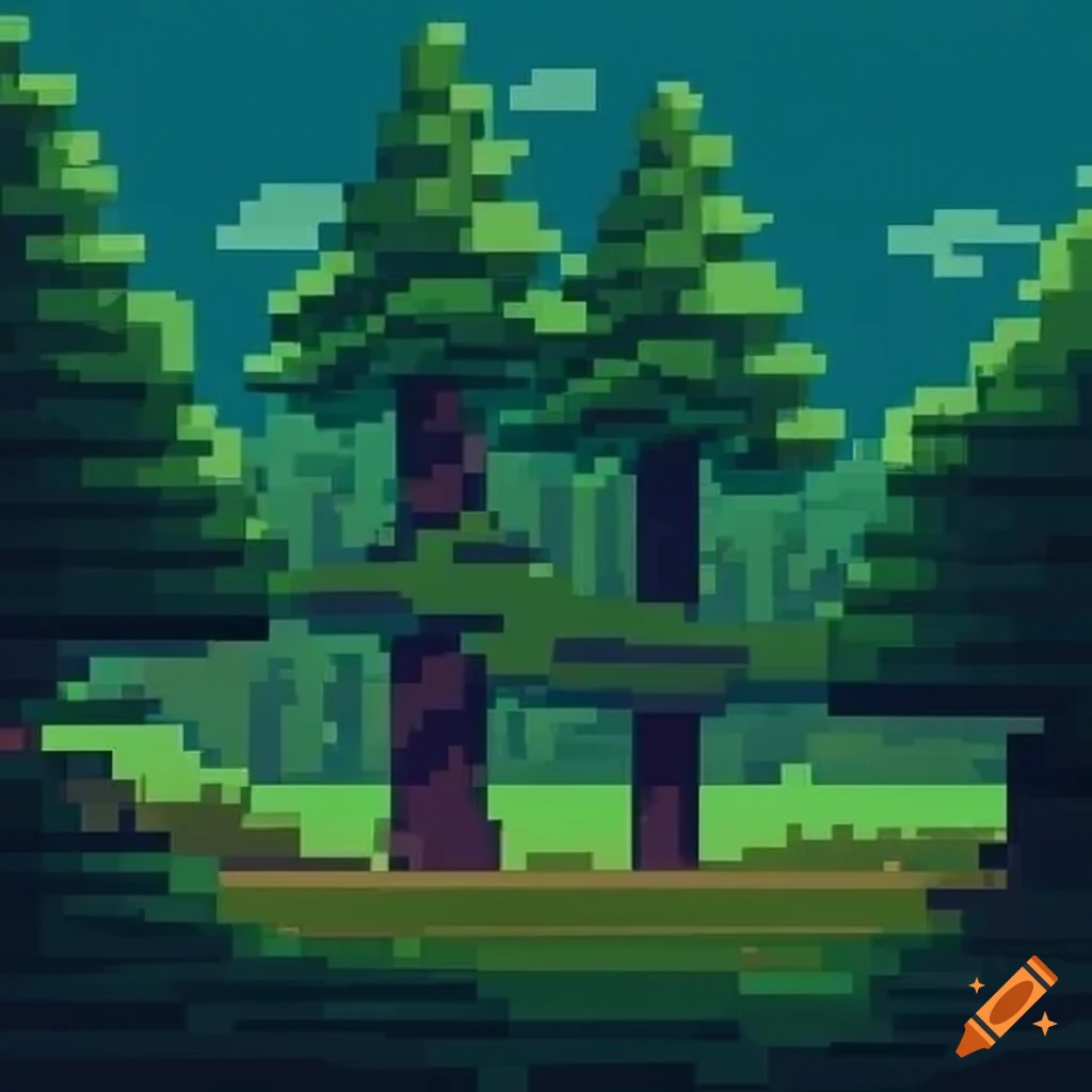 retro-style pixel art forest background in a video game