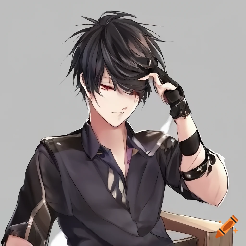 character with short black hair and a black shirt