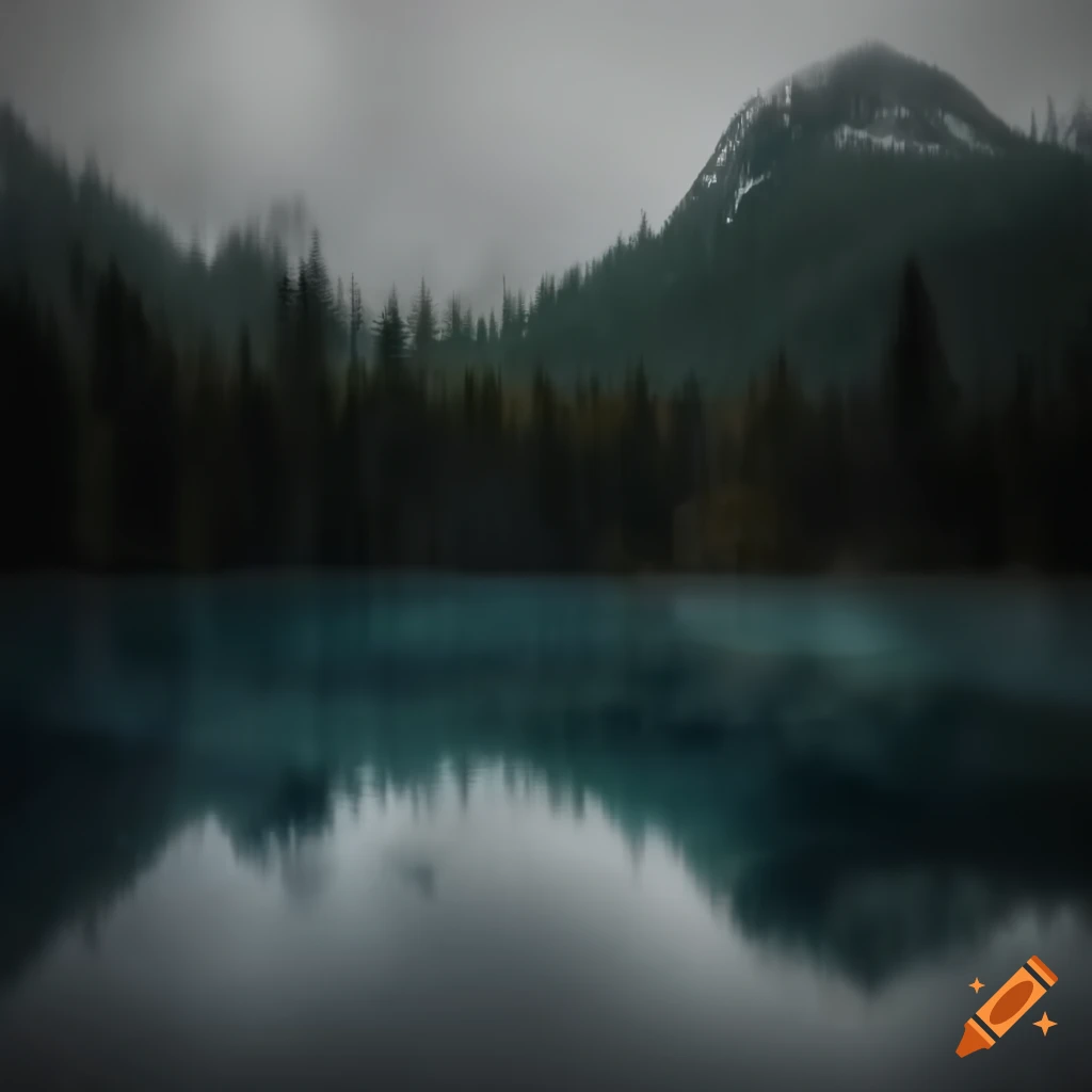 bear in a foggy forest with mountains and a lake