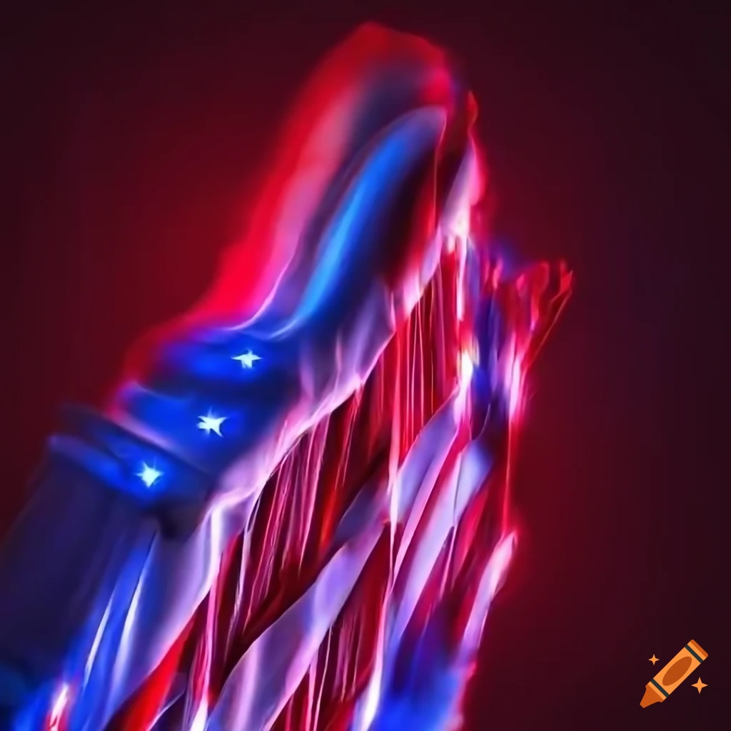American flag lit by red and blue police lights