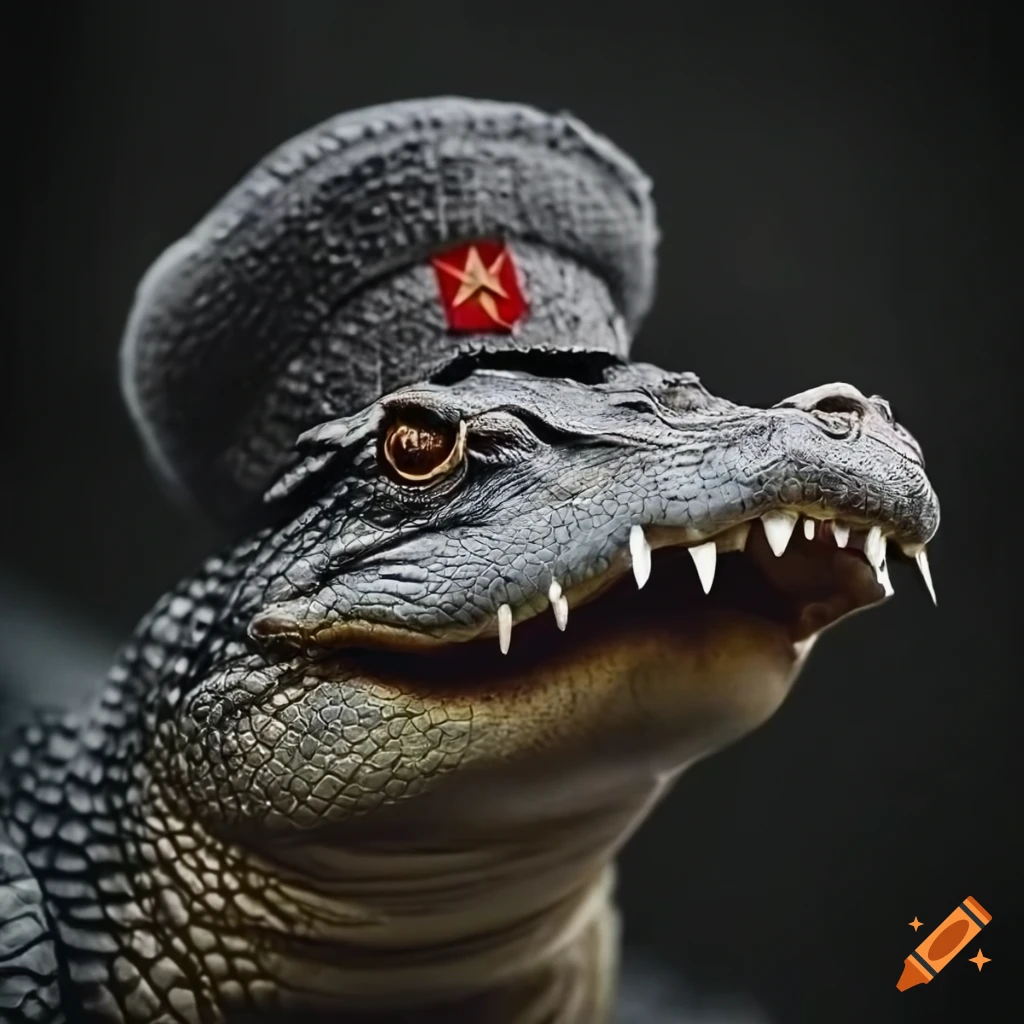 photo of an alligator wearing a gray ushanka hat