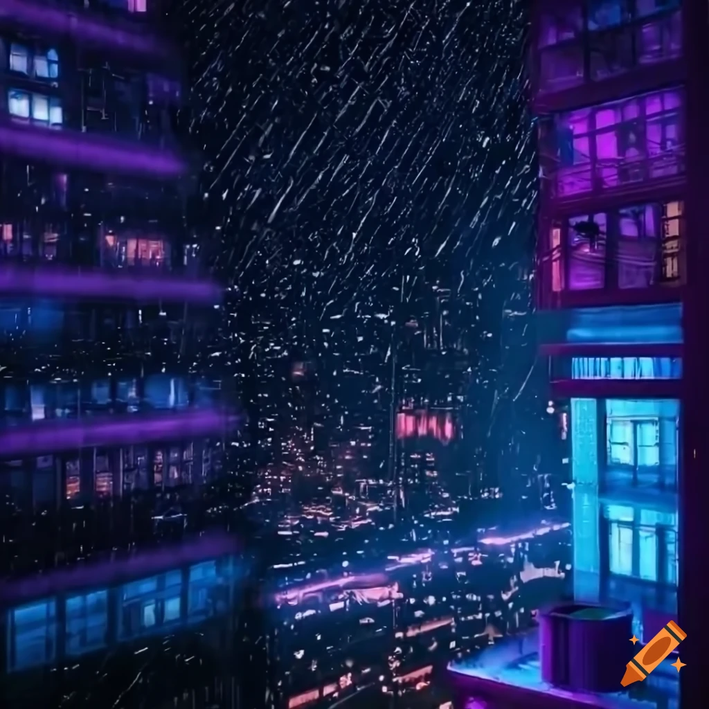 Rainy cyberpunk cityscape from a balcony on Craiyon