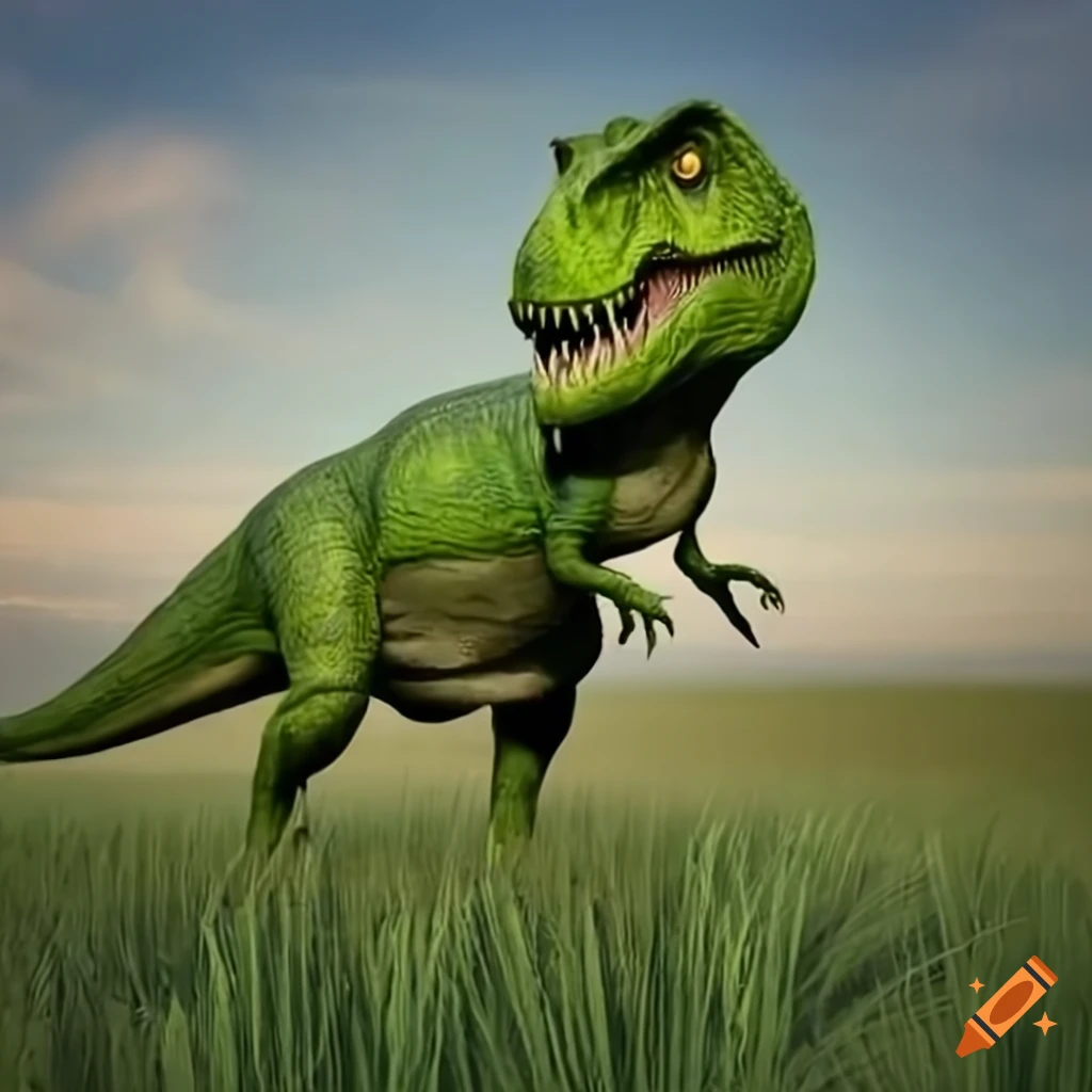 green tyrannosaurus in sunny grass