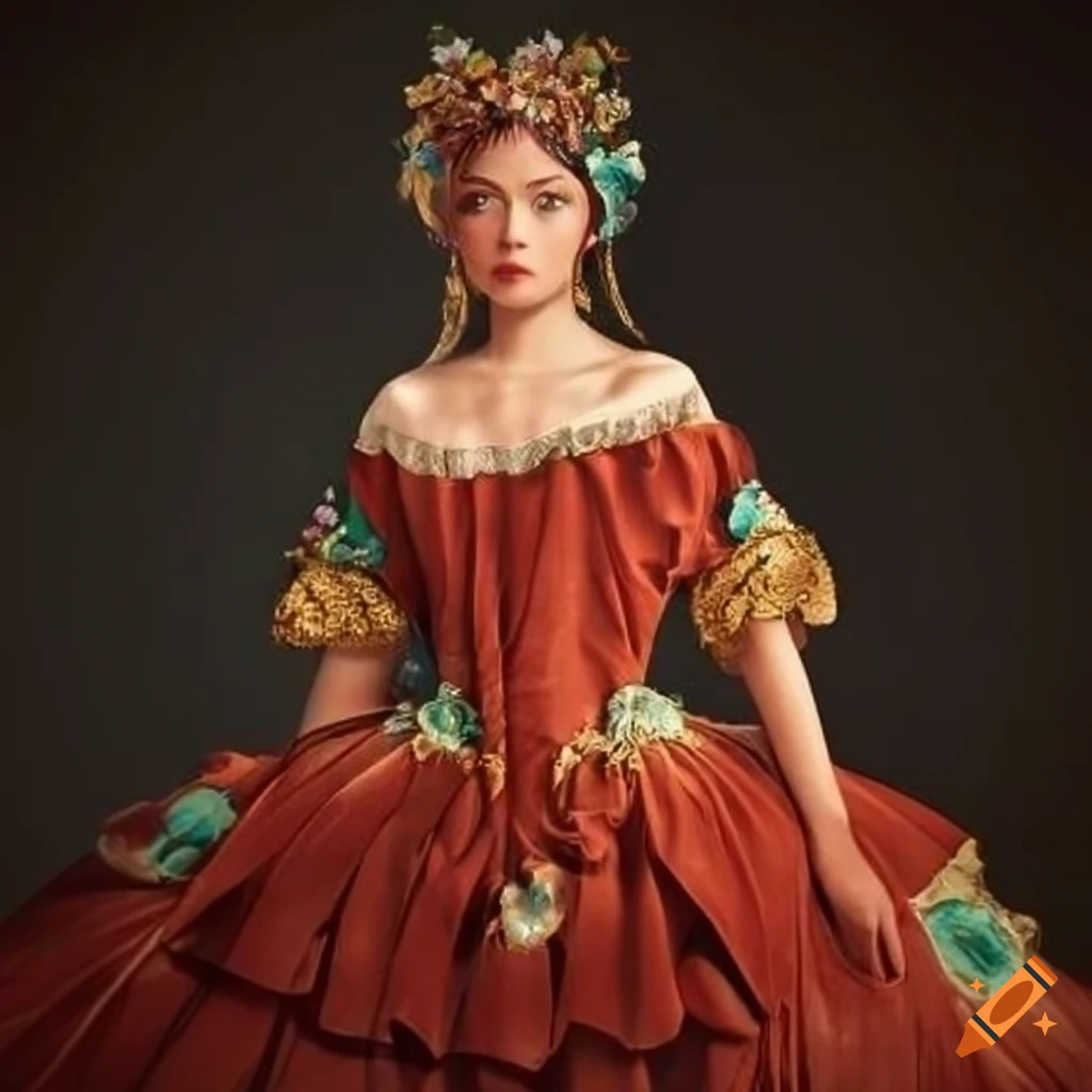 Elegant flower-themed latin american colonial dress on Craiyon