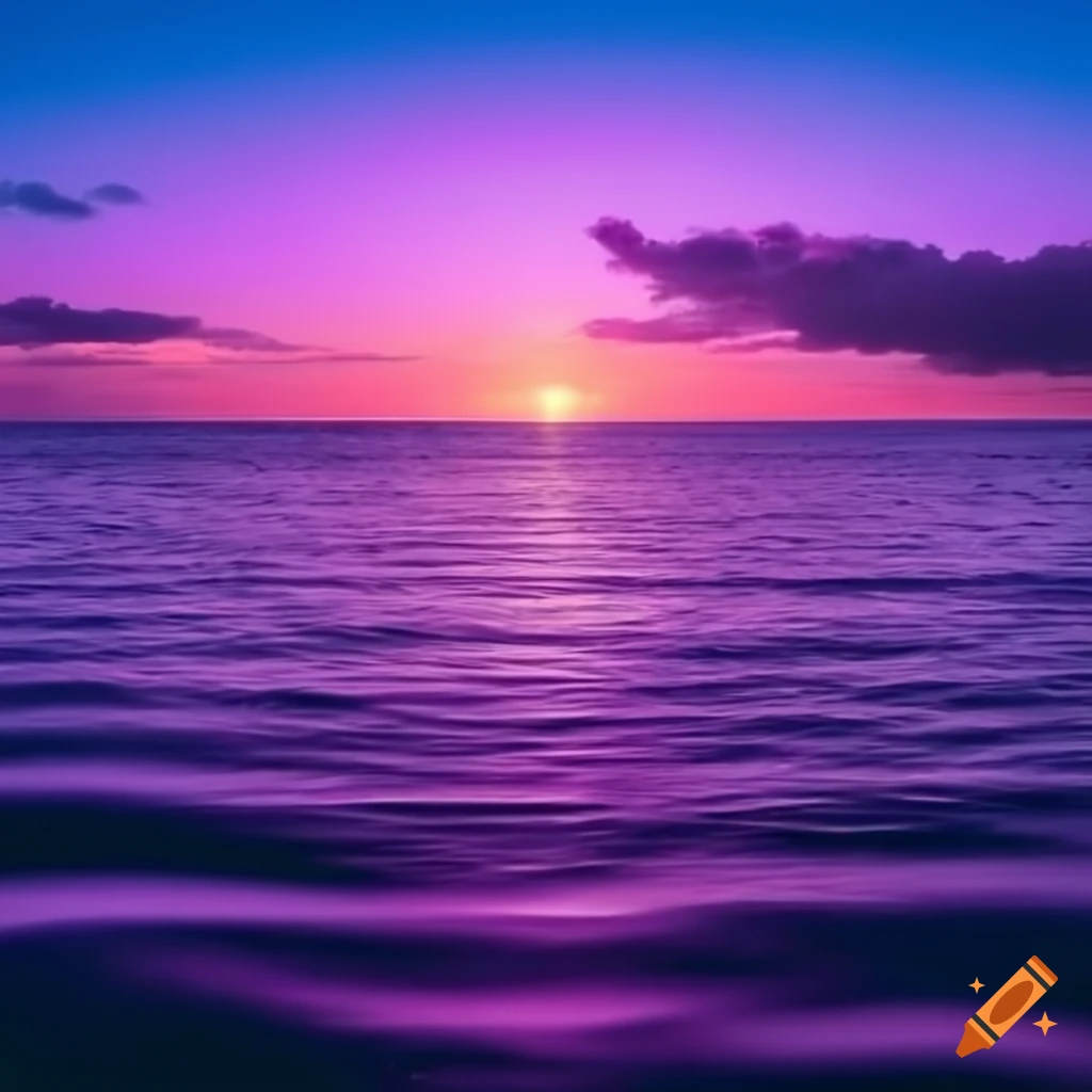 purple ocean with calm waves and blue sky