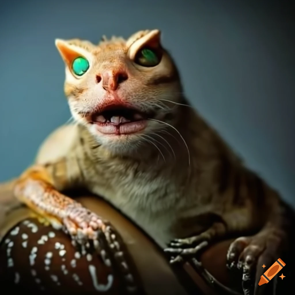 lizard sitting in an armchair with a cat on its lap