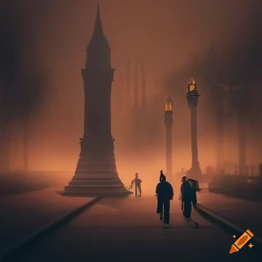 ethereal cityscape with people walking in the mist