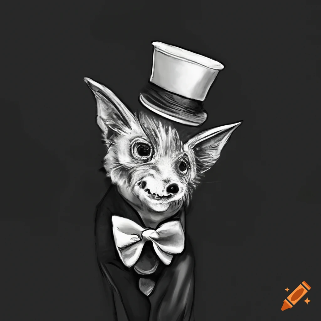 cartoon illustration of a bat with a top hat and bow tie