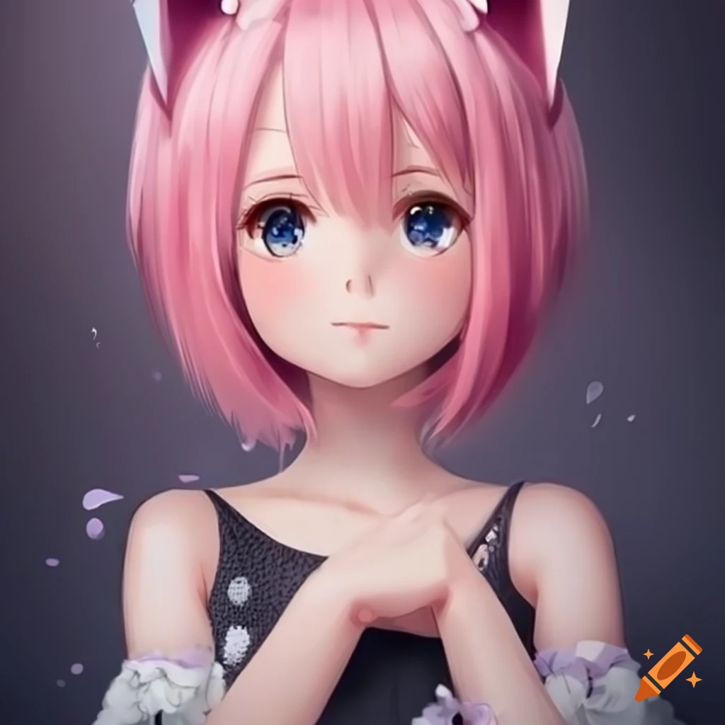 Cute anime girl with pink hair and cat ears on Craiyon