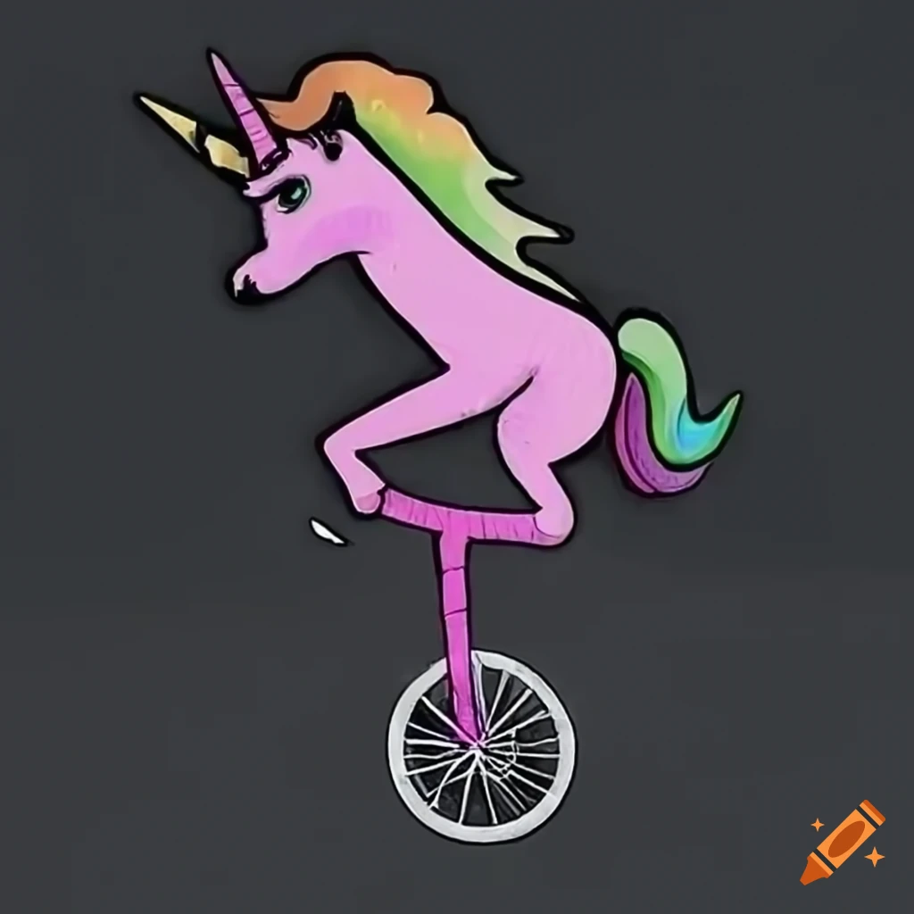 Surreal depiction of a unicorn on a unicycle on Craiyon