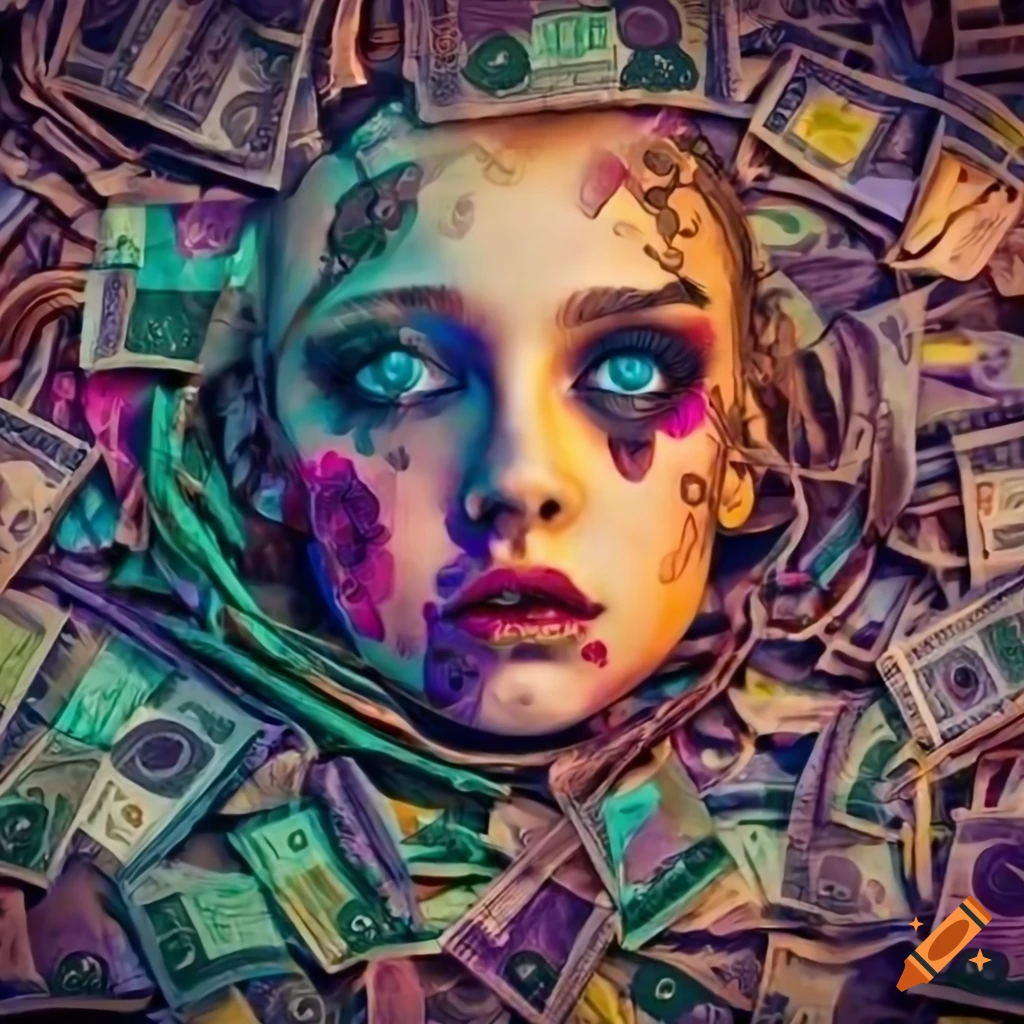 artistic depiction of a girl surrounded by money in a dark setting