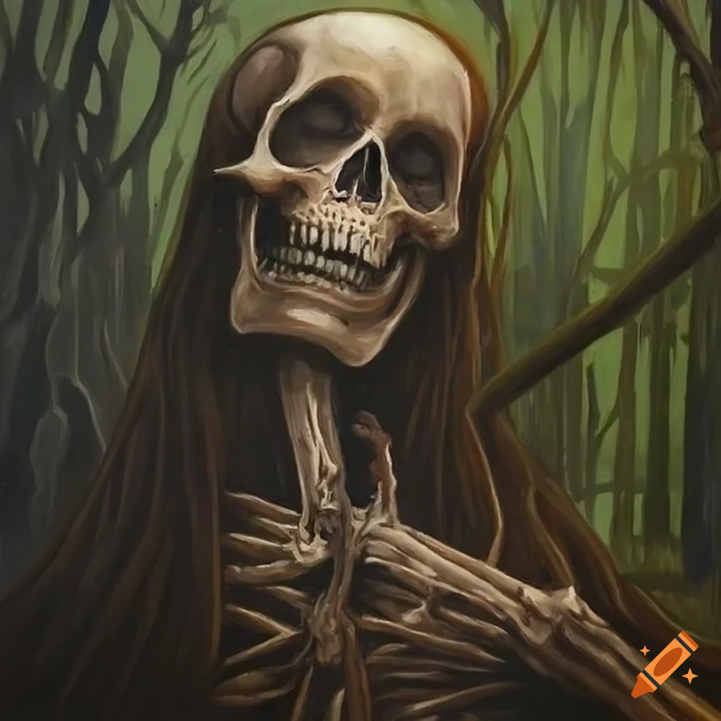 oil painting of a skeletal figure emerging from a swamp