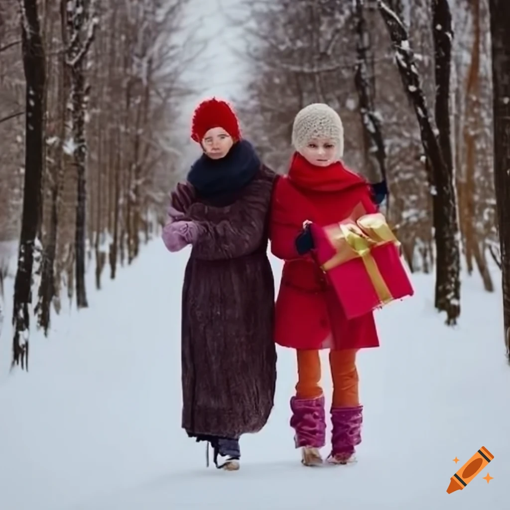 winter scene with a woman holding a gift