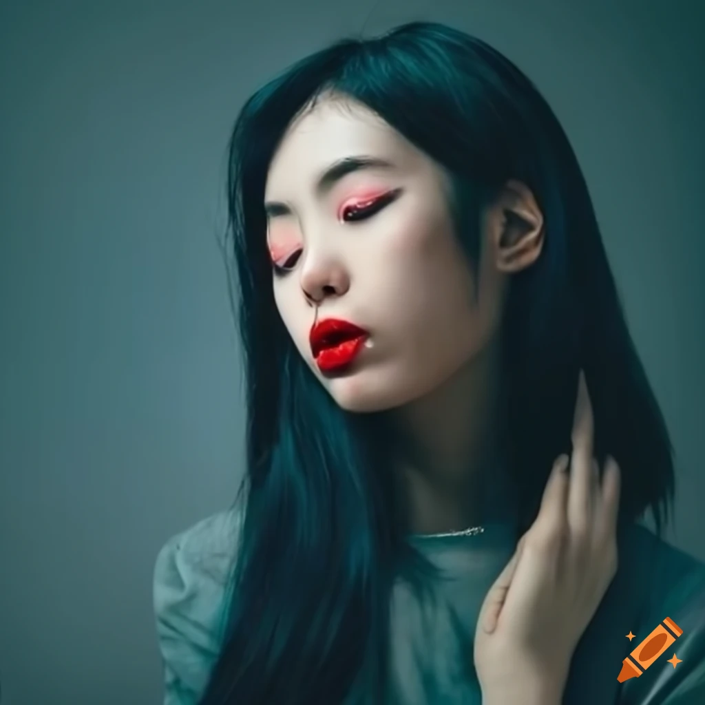 portrait of a young japanese woman with red lips