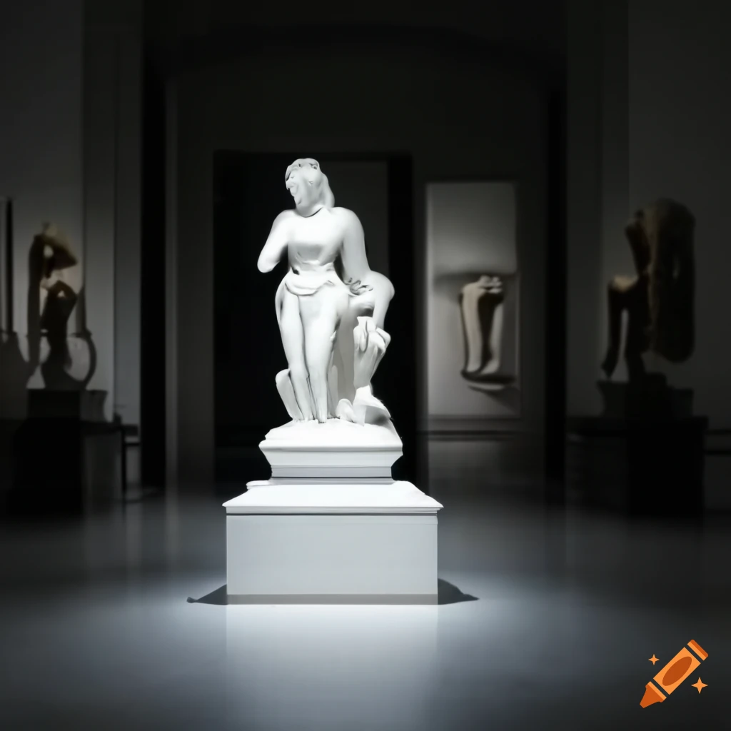 bokeh lights highlighting sculptures in a museum