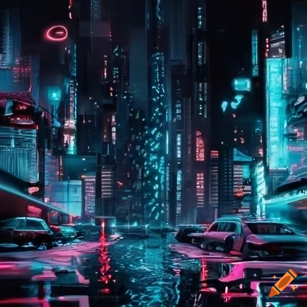 Futuristic cityscape with flying cars and neon lights on Craiyon